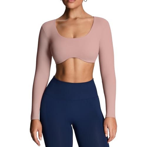Image of Aoxjox Women's Define Sculpt Long Sleeve Crop Tops | buttery soft fabric,curved hem,hollow back, low support, removable pads, workouts,yoga,gym, daily wear