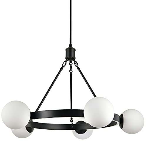 Linea Di Liara Caserti 5 Light Black Chandelier Light Fixture Mid Century Modern Globe Round Chandeliers For Dining Room Over Table Living Room Foyer Wagon Wheel Chandelier, Frosted Glass Ul Listed #TOP5