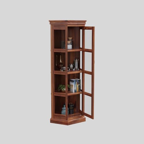 Image of Krishna Wood Decor Solid Sheesham Wood Corner Cabinet with Four Shelves | Tall Display Unit Storage with Acrylic Glass Door for Living Room & Office | Wooden Bookcase /Corner Showcase | Honey Finish