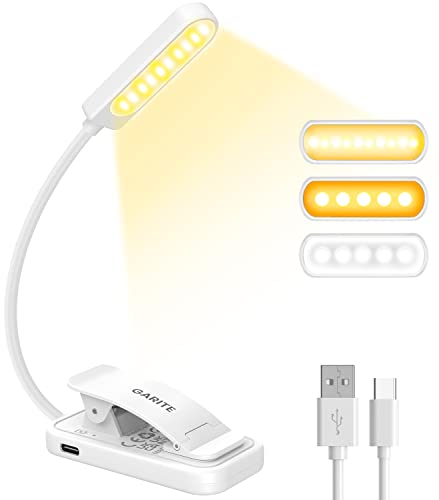 GARITE Luz de leitura, 10 LEDs lâmpada de leitura com atenuação contínua, proteção ocular 3 modos (quente/branco/misto), USB C recarregável, luz de leitura flexível com clipe para cama, tablet, viagem
