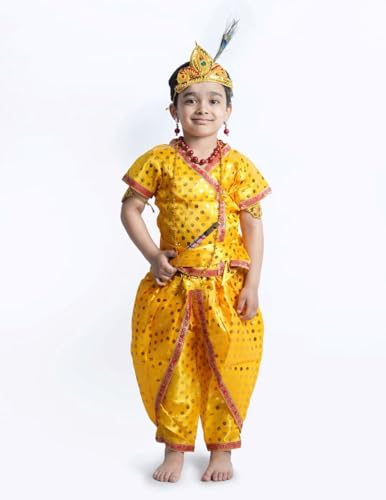 Image of BookMyCostume Shri Krishna Kanha Kanhaiya Polka Dots Kids Fancy Dress Costume 10 Pcs Set with Accessories 14-16 Years /Adult S,Golden /Yellow,Polyester