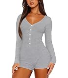 LEEDYA Rompers for Women Long Sleeve Jumpsuit V Neck Onesie Pajamas Sexy Ribbed Button Down Sleepwear Grey M