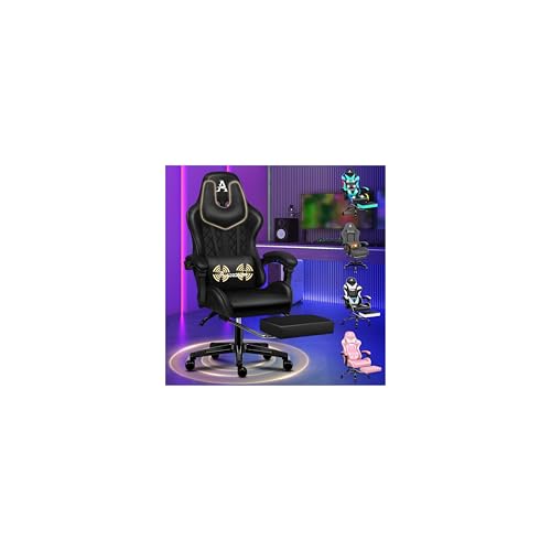 ALFORDSON Silla Gaming con Masaje, reposapiés y Soporte Lumbar, reclinable 150°, Respaldo Alto para Gaming y Oficina, Capacidad de 180 kg, Cuero sintético, Negro