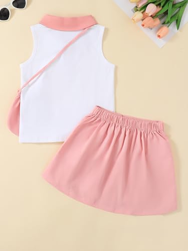 Image of Girls 2 Piece Outfit Preppy Strawberry Graphic Sleeveless Polo Shirt and Pleated Skirt Set with Crossbody Bag
