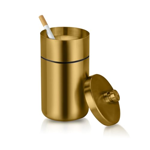 Image of Car Ashtray with Lid Smell Proof Stainless Steel Portable Ash Tray for Car Cup Holder Detachable Windproof Extinguished Cigarette Bucket Automotive Ashtrays for Outdoor Home Office (Gold)