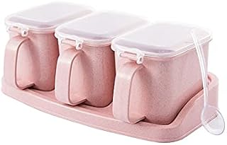 Tarro de Especias 3 en 1 de plástico para condimentos de Cocina, con Tapa Transparente y Cuchara, Apto para Diversos condimentos, Beige y Rosa.