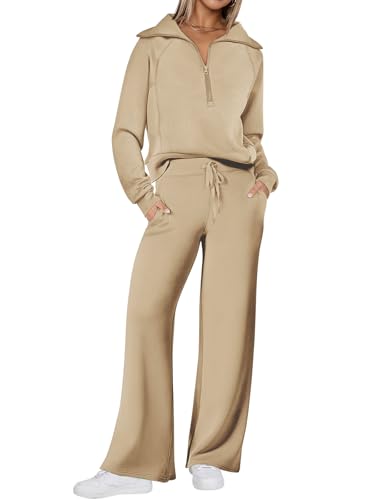 REORIA Damen Baumwolle Reißverschluss Revers Trainingsanzug Jogginganzug Zweiteiler Elegant Langarm Hausanzug Sport Set Lounge Set Khaki L