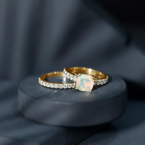 Certified Opal Wedding Ring Set, AAA Quality, Natural 8mm Cushion Cut Opal Engagement Ring with Moissanite Enhancer3