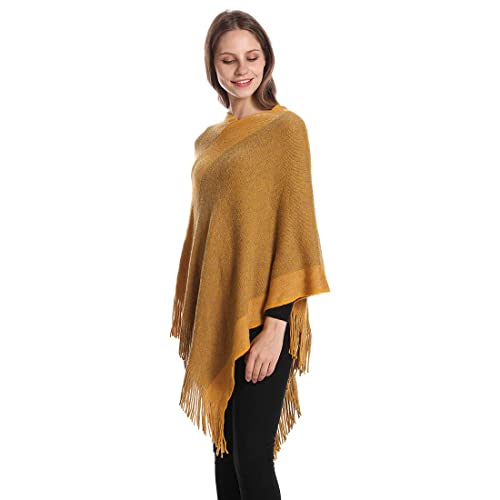 Image of Women's Elegant Knitted Shawl Poncho with Fringed V-Neck Striped Sweater Pullover Cape Gifts for Women Mom