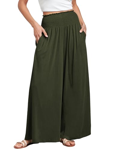 ANRABESS Women Palazzo Pants Summer Boho Bagyy Wide Leg High Smocked Waist Casual Loose Lounge Pant with Pocket Army Green Small