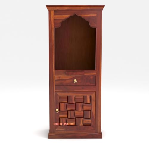 Image of Solid Wood Premium Sheesham Wood Temple Niwar Big Size 5 Feet with Door Storage Cabinet | Wooden Mandir for Pooja Room Home | Honey Finish | Mandir for Home Niwar (Honey Finish 1)