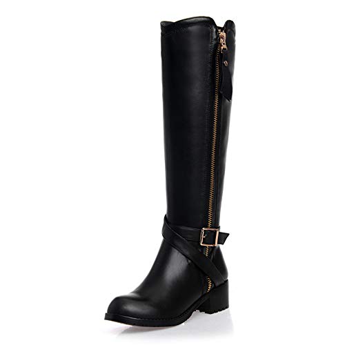 TinaCus Women's Genuine Leather Handmade Round Toe Side Zip Up Low Chunky Heel Black Knee High Boots with Stylish Buckle