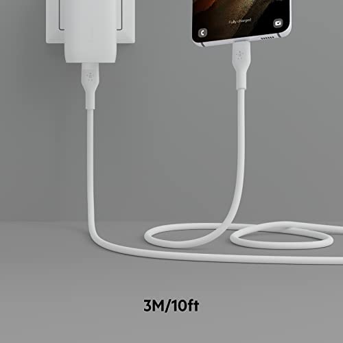 Image of Belkin BoostCharge Flex Silicone USB-C to USB-C Charging Cable (3M /10FT) for iPhone 16, iPhone 16 Pro, Galaxy S25, S24, Pixel 9 & 8, Nintendo Switch 2 & More with Cable Clip - White