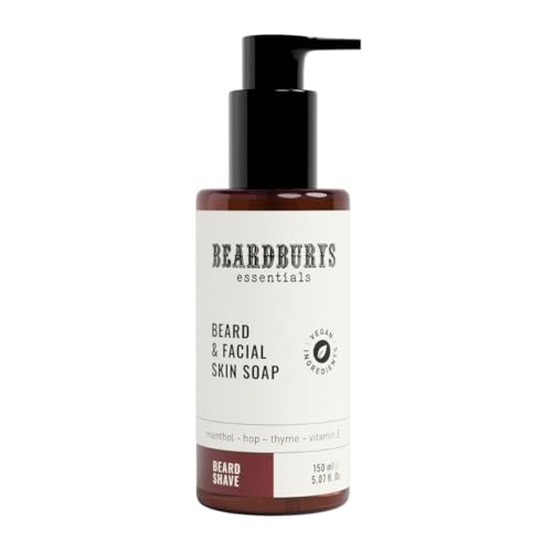 Beardburys Essentials Beard and Facial Skin Soap | Limpiador Facial Hombre, Champu Barba Hombre, Sin Brillos, Grasa Ni Picores, Fórmula Natural Suave, Exfoliante Facial Profundo, Vegano |150ml