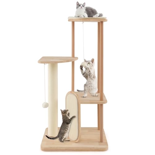 PETSITE 44 Inches Cat Tree, Multi-Level Modern Cat Tower with Sisal Scratching Post and Board, Padded Top Perch, and Hanging Balls, Minimal Wooden Cat Tree Tower for Indoor Cats Large Adult