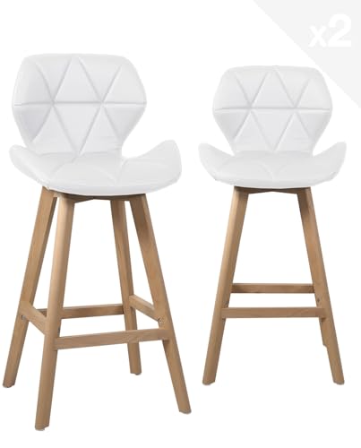 KAYELLES Lot de 2 chaises de Bar scandinave, siège Design Simili Cuir matelassé et rembourré avec Dossier, Hauteur d'assise 67 cm, Pieds Bois de hêtre FATA...