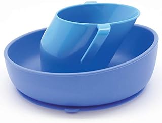Doidy Bowl and Cup Set, Blue - Unique Slanted Design Training Sippy Cup and Non-Slip Silicone Suction Bowl - Weaning Gift Set for Babies