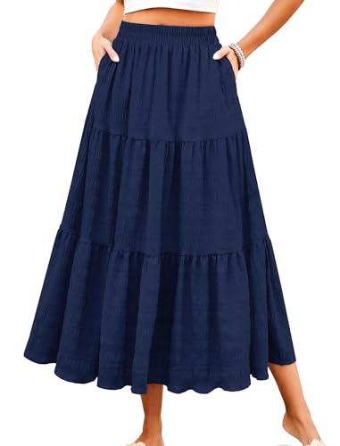 HUSKARY Women's Summer Lightweight Flowy Tiered Long Maxi Ruffle Skirt High Waist Midi Business...