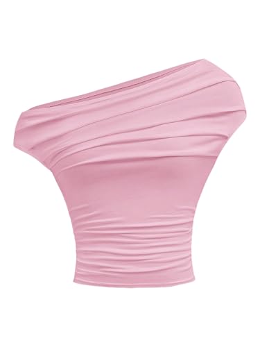 SweatyRocks Girl's Y2K Ruched Off The Shoulder Crop T Shirts Summer Short Sleeve Fitted Tees