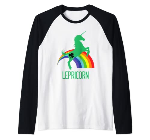 Unicornio Lepricorn Día de San Patricio Shamrock y arco iris Camiseta Manga Raglan