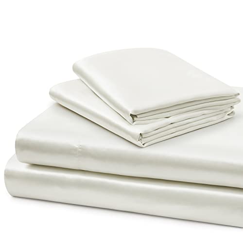 Vonty Satin Sheets Extra Deep Pocket Queen Sheet Sets - Cooling & Silky Satin Queen Size Sheets With 18-24 Inch Deep Pocket, Ivory White Satin Bed Sheets Fit Up To 24" Deep Mattress - 4 Piece #TOP2