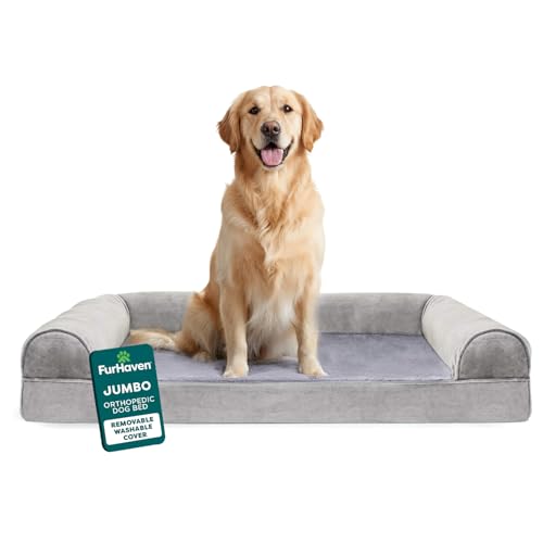 Furhaven Orthopedic Dog Bed for Large Dogs w/ Removable Bolsters & Washable Cover, For Dogs Up to 95 lbs - Faux Fur & Velvet Sofa - Smoke Gray, Jumbo/XL