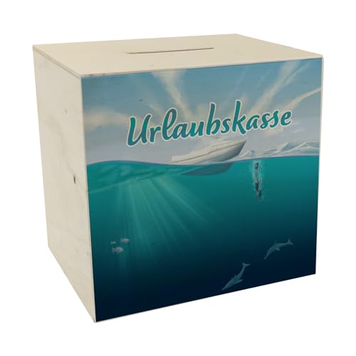 Spardose aus Holz im Taucher-Design mit Boot und Text - Urlaubskasse Geschenk für Urlauber die gerne mit einem Boot auf das Meer hinaus Fahren um dort nach Fischen oder Riffen zu