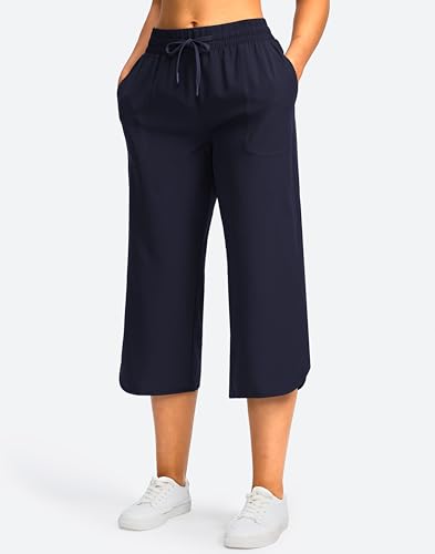 Soothfeel Calça capri feminina com bolsos, folgada, leve, para caminhada, viagem, pernas largas, par