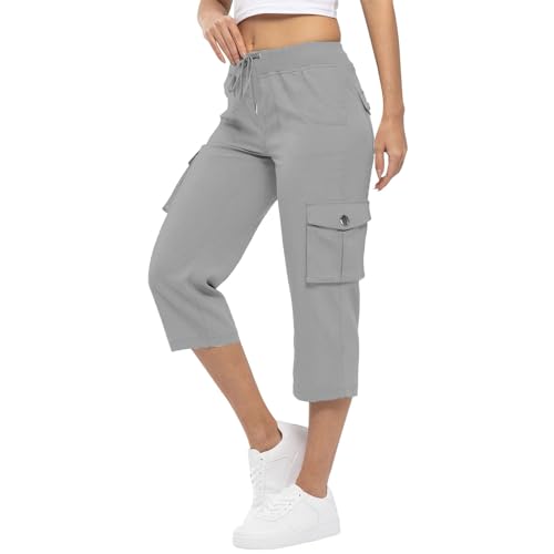 Womens Cargo Capris Drawstring Elastic Waist Wide Leg Cropped Cargo Pants with 6 Pockets Casual Travel Hiking Pants2