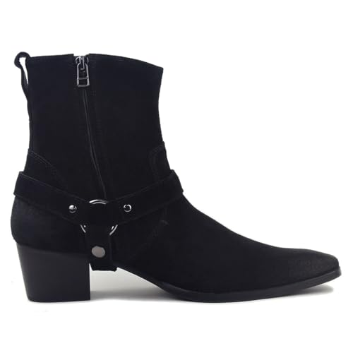 Image of Dress Boot for Men Leather Chukka Designer Boots Casual Heel Shoes Zipper-up by OTTO Zone JY002 Black Suede Belt 9