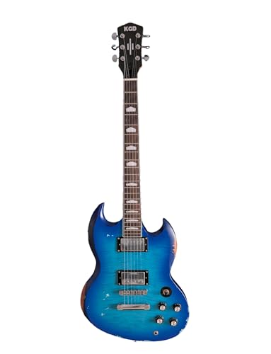 KGD Relic SG Sunburst Guitar,Mahogany Body and Neck,Rosewood Fingerboard,Bone Nut,6-String Relic Heavy Metal Guitar,Professional/Electric Guitars for Adults (Blue)