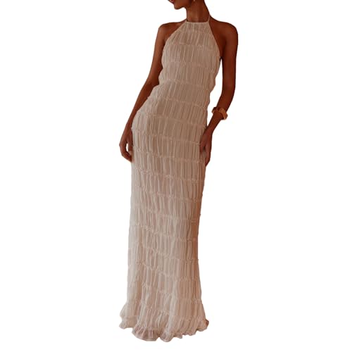 Image of Argeousgor Women Halter Neck Backless Summer Dresses 2025 Sleeveless Tiered Ruffle A-Line Flowy Cocktail Party Maxi Dress