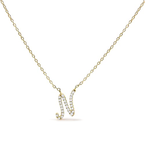 14K Yellow Gold Diamond Accent "N" Initial Script Style Pendant Necklace