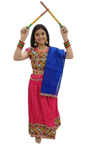 Image of BookMyCostume Lehenga Choli for Girls with Dandiya Set | Pink Kids Garba Costume for Navratri | Kids Lehenga for Girls with Dupatta & Dandiya Sticks | Traditional Garba Nights Outfit | 12-16 Years