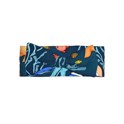 Blue underwater world of fish Pattern Baby Bow Headband - Super Stretchy Soft Bows Hair Accessories for Newborn Infant Toddlers Kids Girls - Elastic and Skin-Friendly