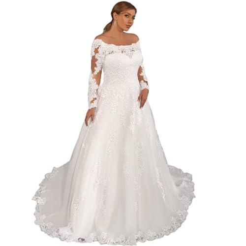XYAYE Long Sleeve Lace Wedding Dresses for Bride Puffy Tulle Bridal Dresses Off The Shoulder Bridal Gowns for Women