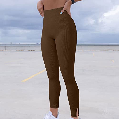 Fashion Ribbed Seamless Leggings For Women Side Split Hem High Waisted Elastic Running Sports Workout Gym Yoga Pants(Brown,Medium) #TOP3