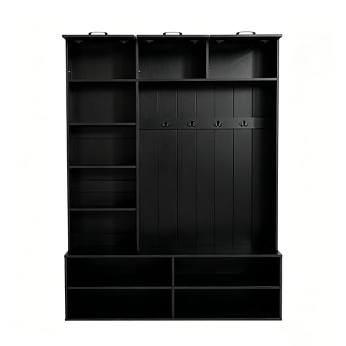 Image of 5-in-1 Hall Tree with Bench, Entryway Storage Organizer Cabinet, Black