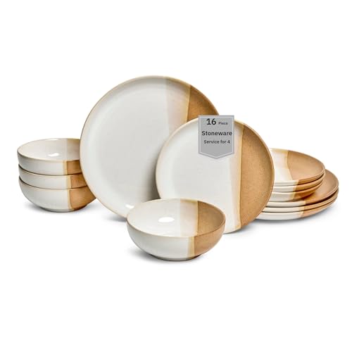 Image of Sango 12 Pieces Stoneware Dinnerware Set, Glossy Caramel & Cream Dishes for 4, Premium Plates and Bowls Sets, Chip & Scratch Resistant, Ceramic Kitchen Dish Set, Microwave & Dishwasher Safe, Phoebe