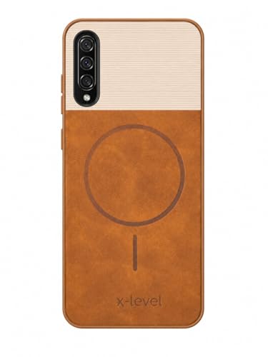 Image of Bintage Mac Safe Design Hard Slim Back Case | Soft Border Camera Protect | Dual PU Leather Finish Back Cover Compatible for Samsung Galaxy A50s 4G - White & Brown