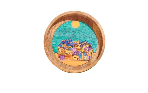Image of Wooden Designer Round Serving Tray - 12 Inch | Premium Mango Wood Decorative | Eco-Friendly Non-Toxic Multipurpose Serving Tray for Tea, Coffee, Snacks, Kitchen & Gifting(Teal Blue FC)