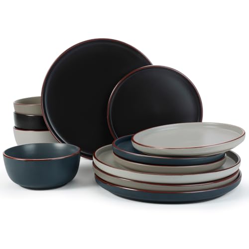 Famiware Mercury Plates and Bowls Sets, 12 Pieces Stoneware Dinnerware Sets, Dishes Set for 4, Microwave and Dishwasher Safe, Multi-color Famiware Mercury Plates and Bowls Sets, 12 Pieces Stoneware Dinnerware Sets, Dishes Set for 4, Microwave and Dishwasher Safe, Multi-color