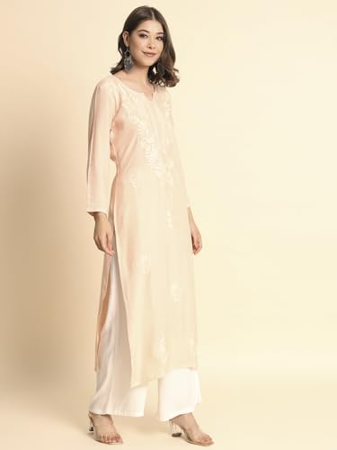 Image of VAIRAGEE Women's Embroidered Lukhnavi Chikankari Work Straight Rayon Ethnic Kurta | Casual Office Kurta for Women