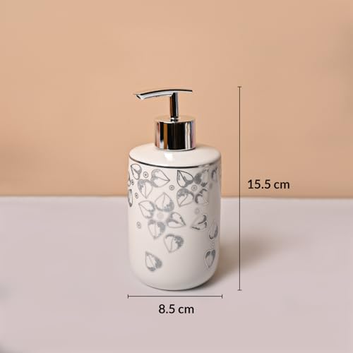 Image of Market99 Ceramic Bathroom Set Glossy White and Grey with Sophisticated Leaf Design, Includes Soap Dispenser, Tumbler, Toothbrush Holder, and Soap Dish for Coordinated Bathroom Style, 300 ML Capacity
