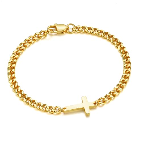 TINGN Armband Herren 316L Edelstahl Armbänder für Herren Gold Figaro Kette mit Kreuz Armband Geschenke für Papa Freund Ehemann Sohn 7.5 Zoll