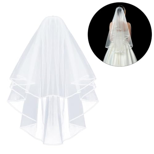 Korty TOUSHA White Wedding Veil,2 Tier Ribbon Edge Center Cascade Bridal Veil thumb #3