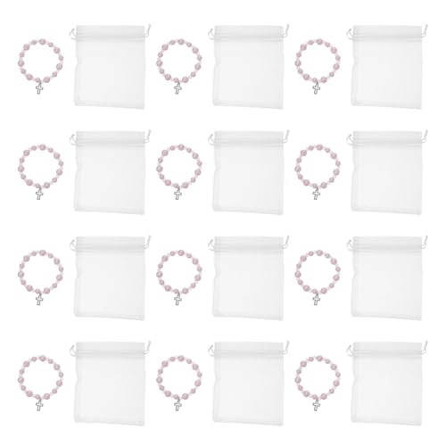 EPIGEIST 20 Pulseras de Rosario Católico con Crucifijo Plateado y Perlas Sintéticas, Bolsas de Organza 10x12 Cm, Obsequio para Niñas y Eventos Religiosos
