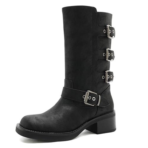 Image of GLOBALWIN Chunky Mid Calf Fashion Dressy Motocycle Biker Military Style Combat Boots for Women Low Heel