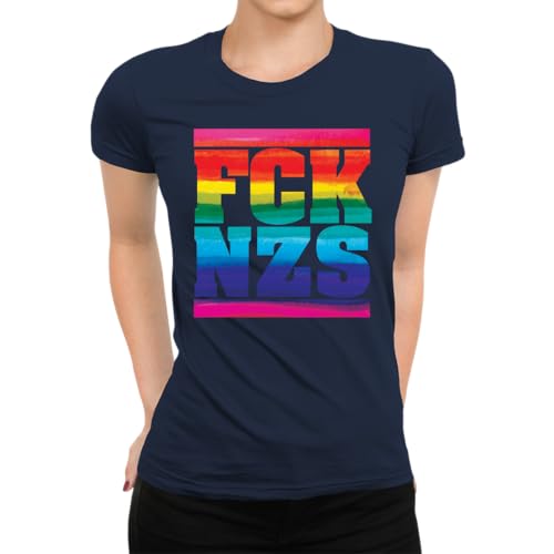 FCK NZS - Regenbogen LGBTQ Pride Love Gay Queer CSD Damen T-Shirt, Navy Blau, M