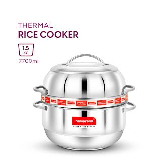 Image of Thermal Rice Cooker Stainless Steel 1.5 KG with Rubber Gasket | Perfect for Kerala Red /Matta Rice | Saves Up to 70% Fuel | Keeps Rice Hot for 8+ Hours | Induction and Gas Compatible
